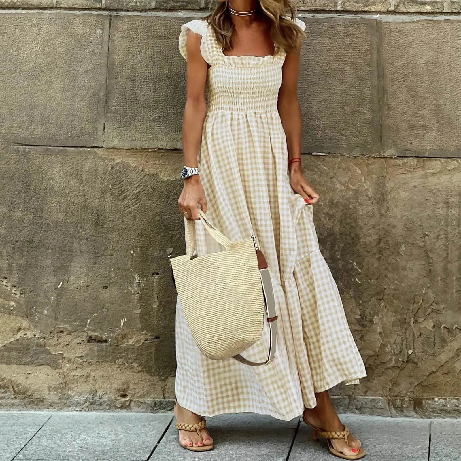 Sleeveless Smocked Tiered A Line Midi Dress