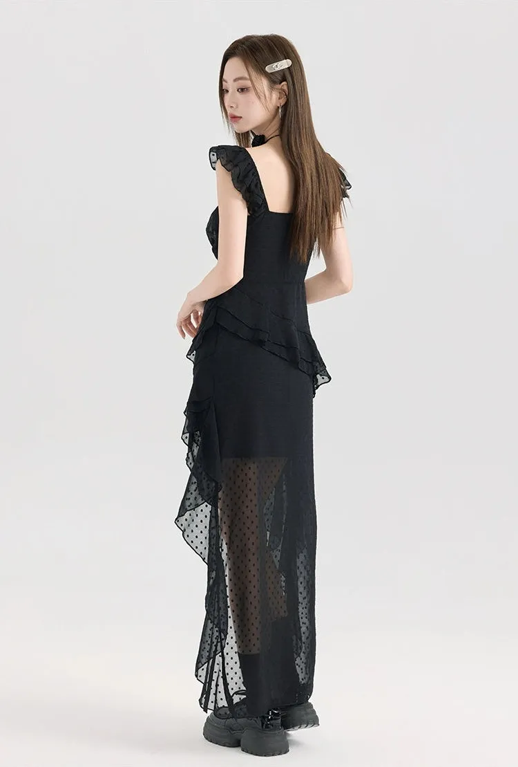 Tiered Ruffle Midi Dress with Floral Detail
