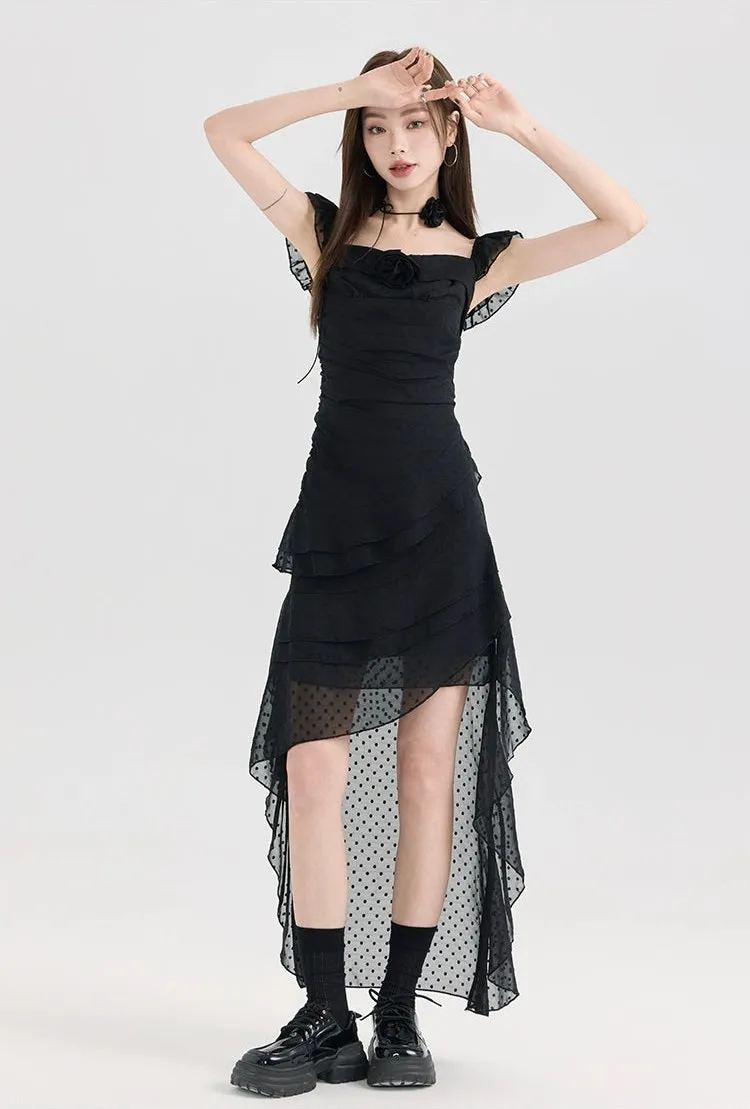 Tiered Ruffle Midi Dress with Floral Detail