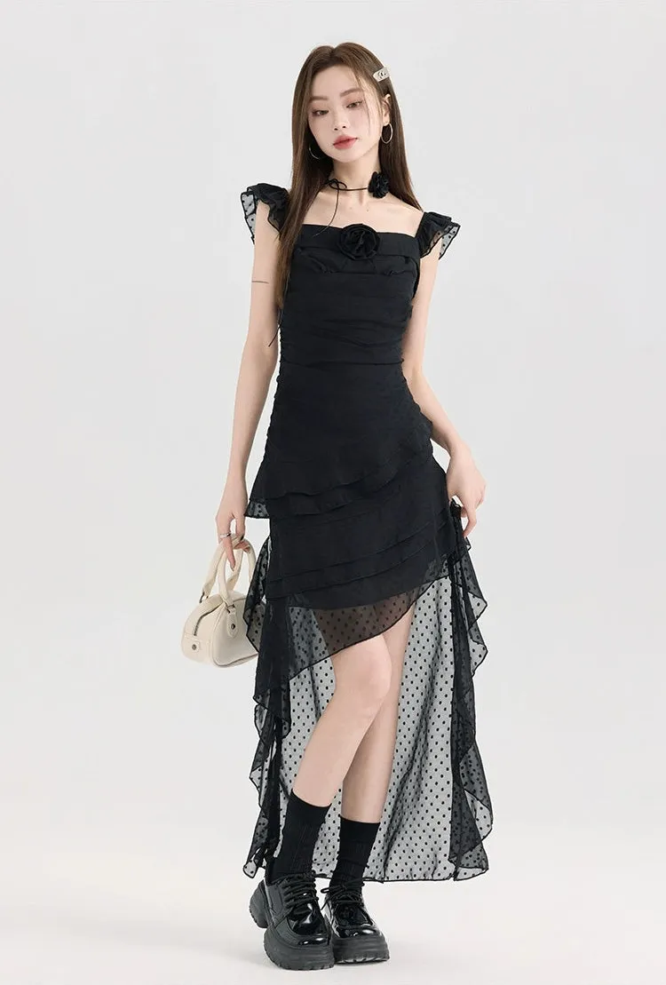 Tiered Ruffle Midi Dress with Floral Detail