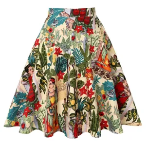 Trendy Summer Women Vintage Printed High Waist Skirt Flare Hot Selling Europe Skirt