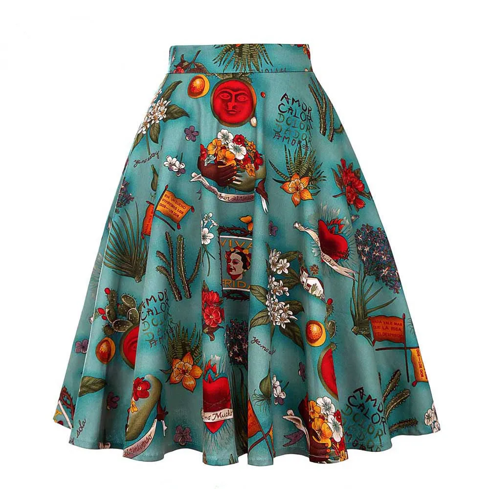 Trendy Summer Women Vintage Printed High Waist Skirt Flare Hot Selling Europe Skirt