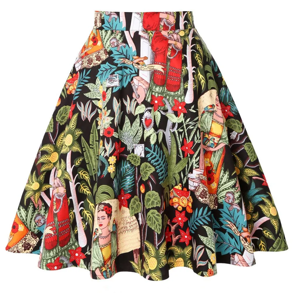 Trendy Summer Women Vintage Printed High Waist Skirt Flare Hot Selling Europe Skirt