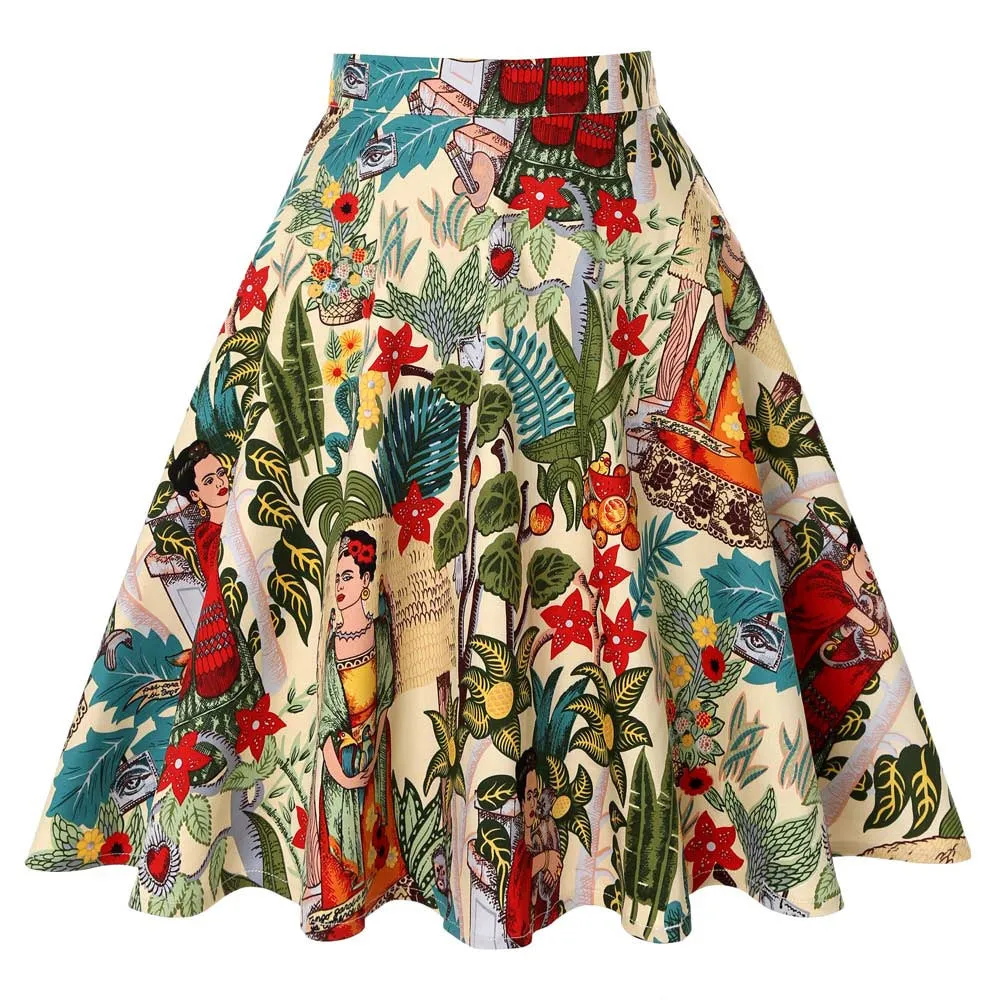 Trendy Summer Women Vintage Printed High Waist Skirt Flare Hot Selling Europe Skirt