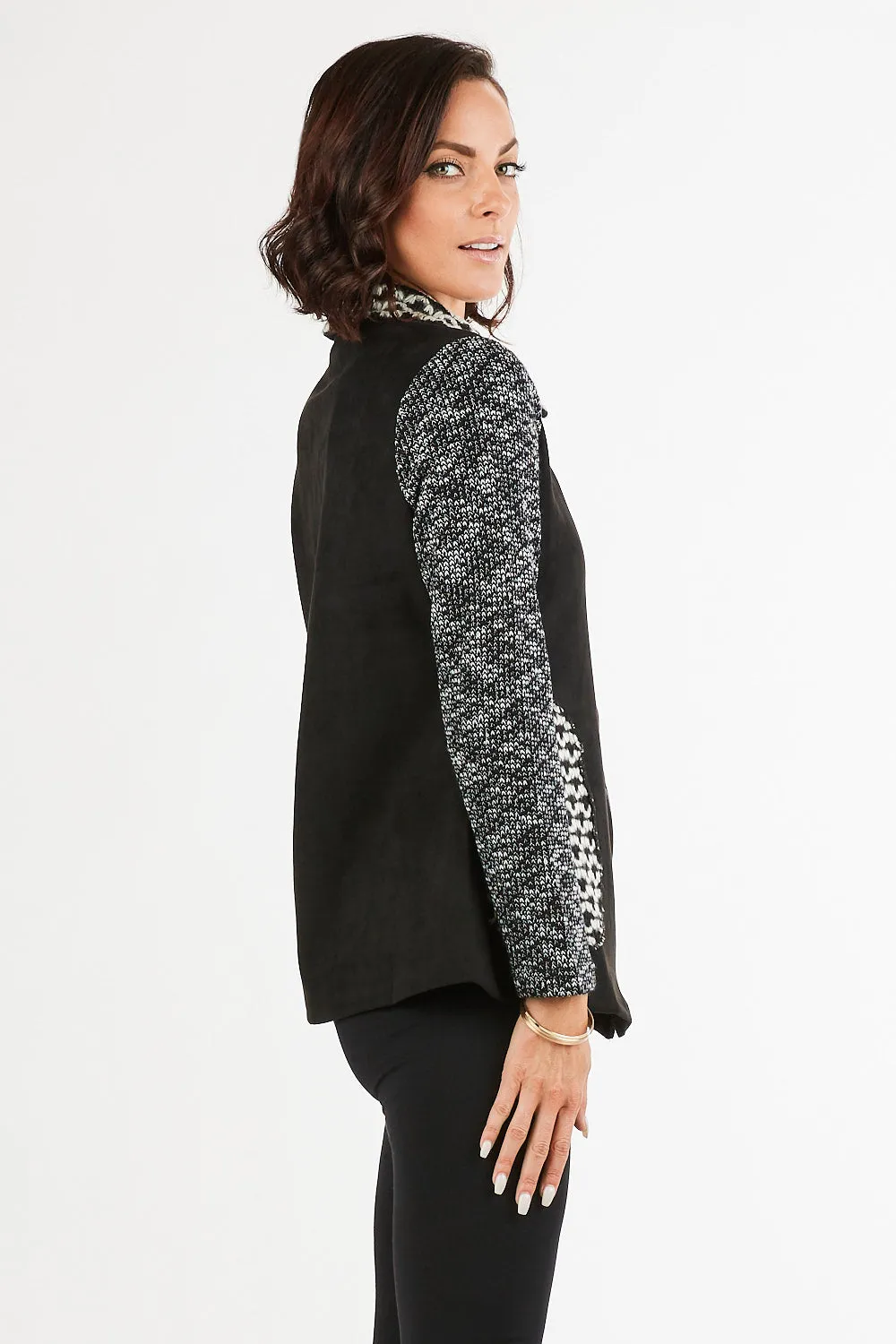 Women's Black/White Faux/Suede Knit Patchwork Zip-Up Cardigan
