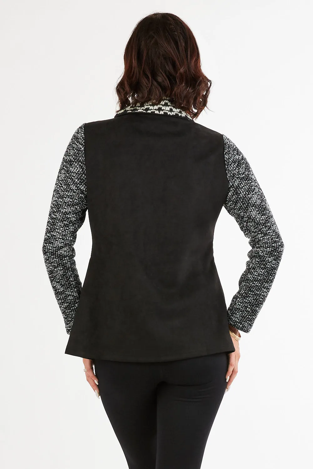 Women's Black/White Faux/Suede Knit Patchwork Zip-Up Cardigan