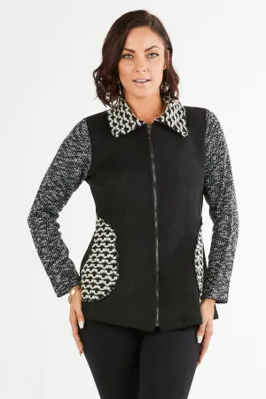Women's Black/White Faux/Suede Knit Patchwork Zip-Up Cardigan