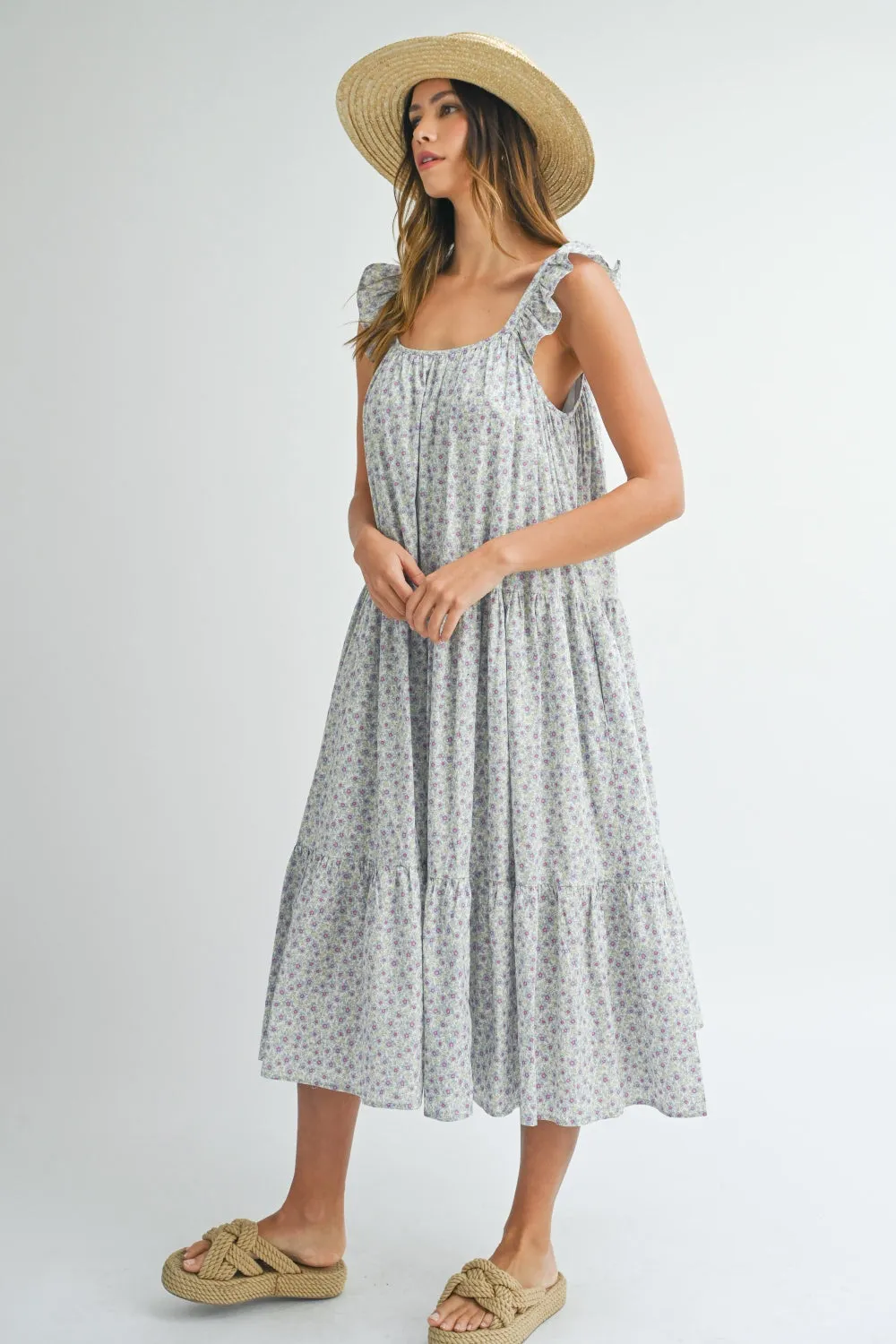 Women's MABLE Floral Ruffle Shoulder Tiered Midi Dress