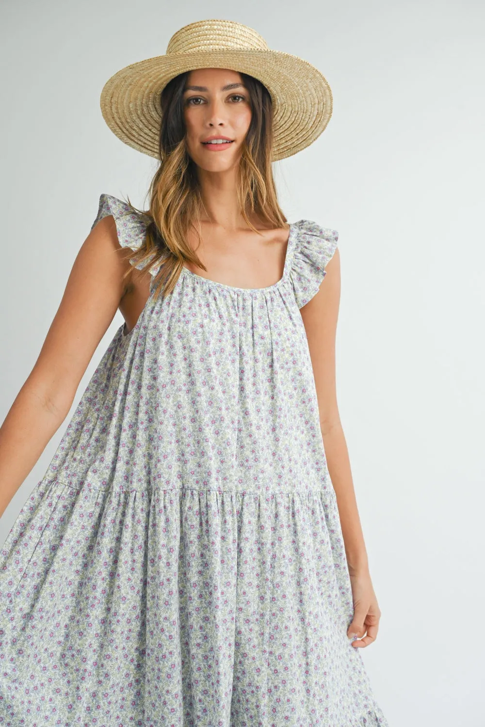 Women's MABLE Floral Ruffle Shoulder Tiered Midi Dress