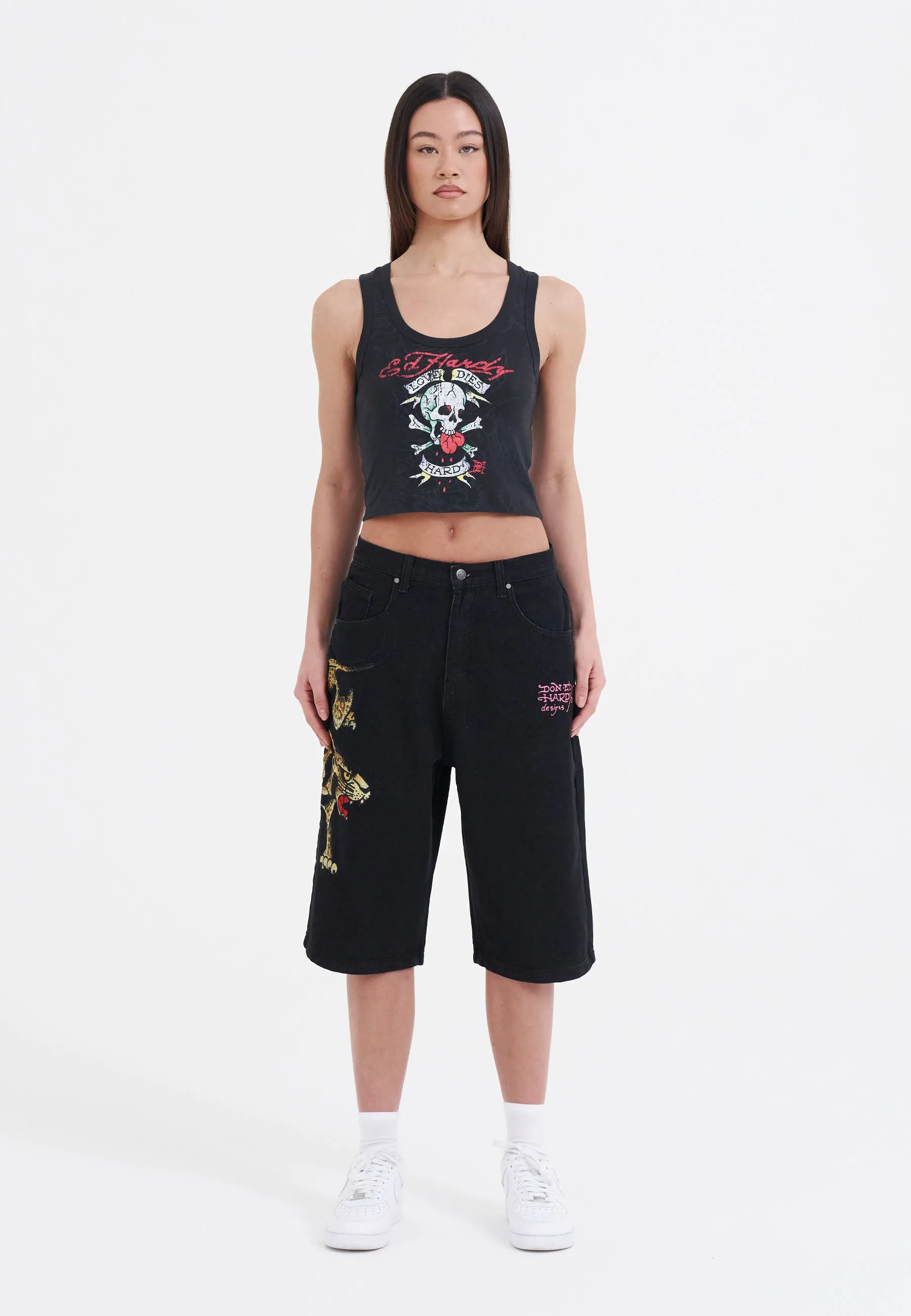 Womens Panther Crawl Relaxed Denim Jorts Shorts - Black