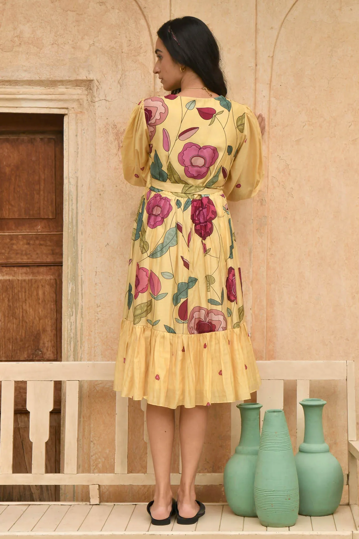 Yellow Foliage Print Wrap Dress