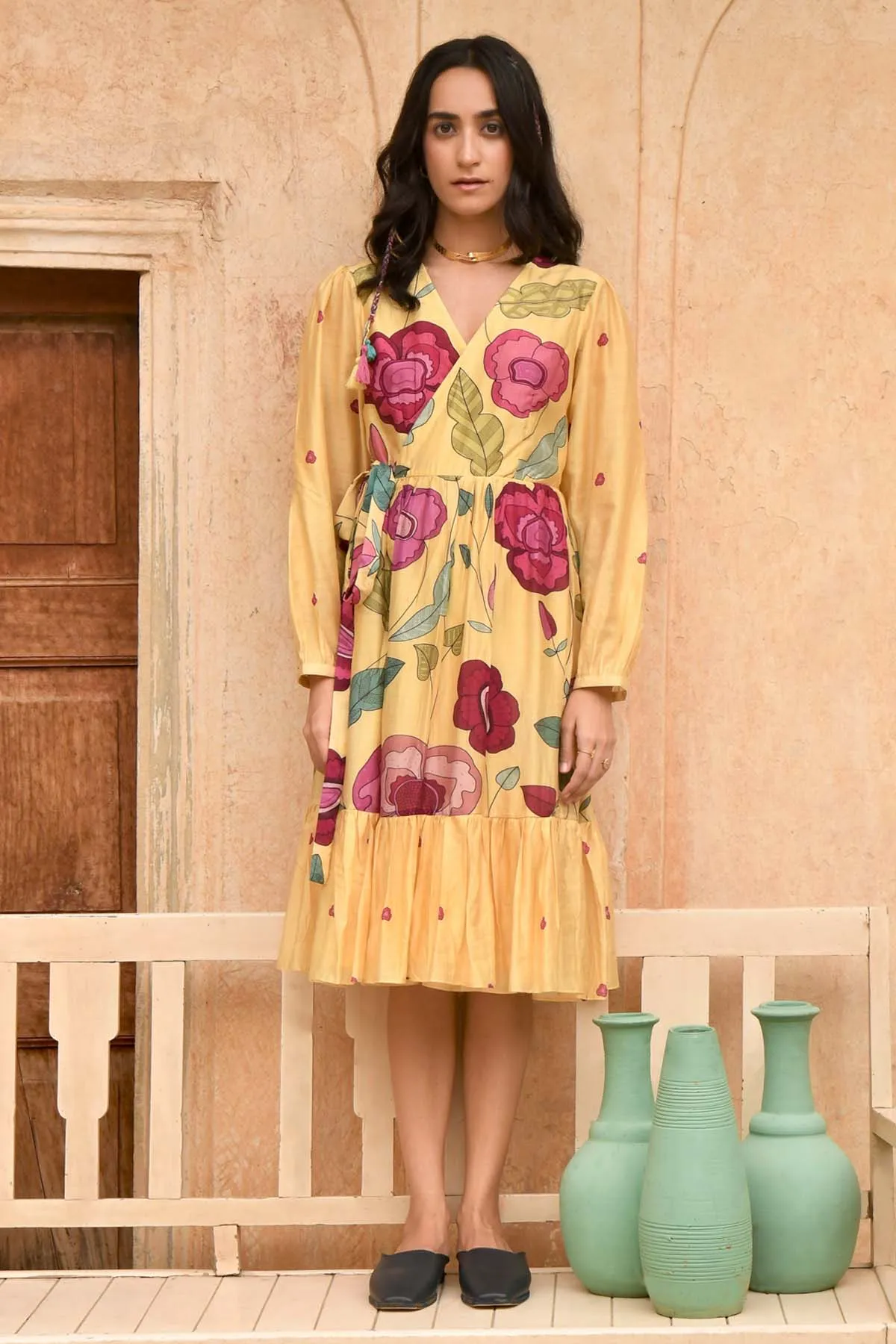 Yellow Foliage Print Wrap Dress