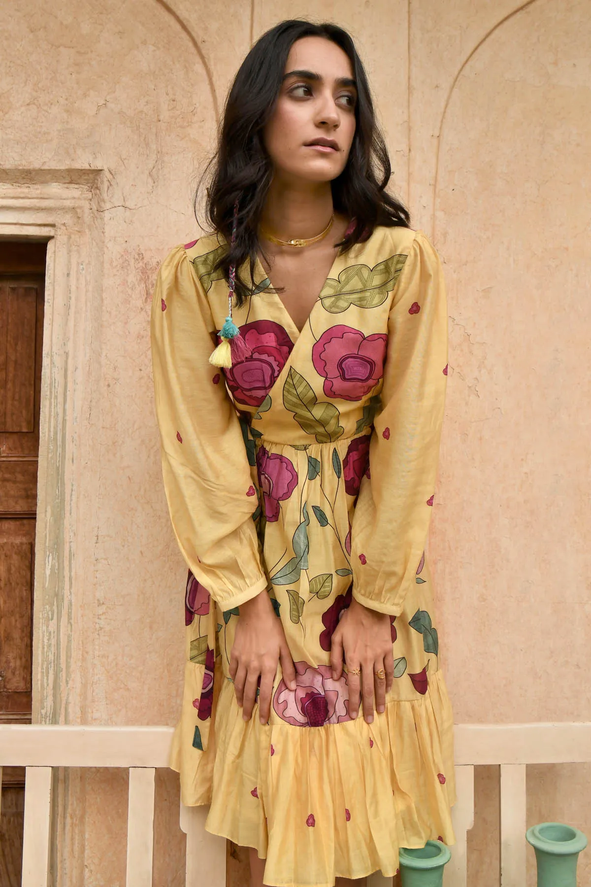 Yellow Foliage Print Wrap Dress