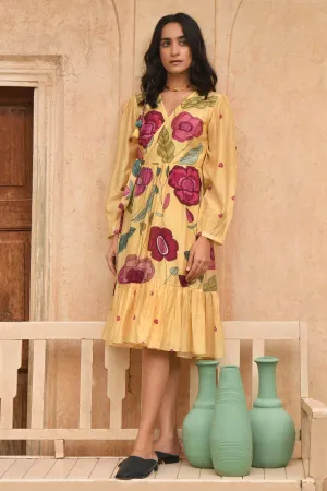 Yellow Foliage Print Wrap Dress
